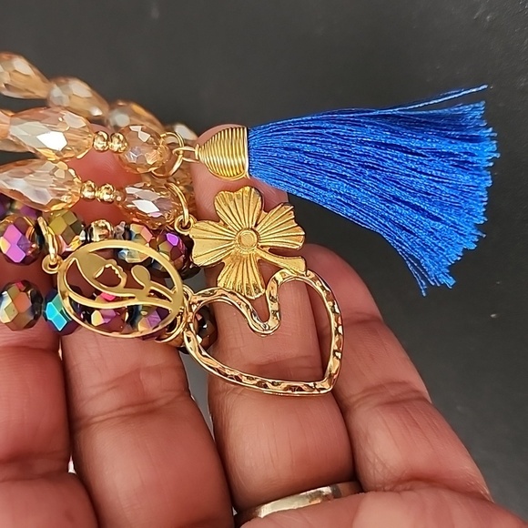 Hand Made Set of 7 AB Gold Crystal Glass Bracelets with Gold Charms Seman… - Picture 5 of 7